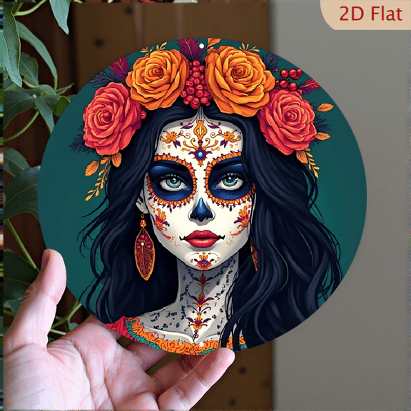 1pc Day of the Dead Metal Wall Decor - Sugar Skull Woman with Orange Flower Crown, 8x8 Inch Round Aluminum Sign for Indoor/Outdoor - Dia de los Muertos Celebration, Festive Home Decor