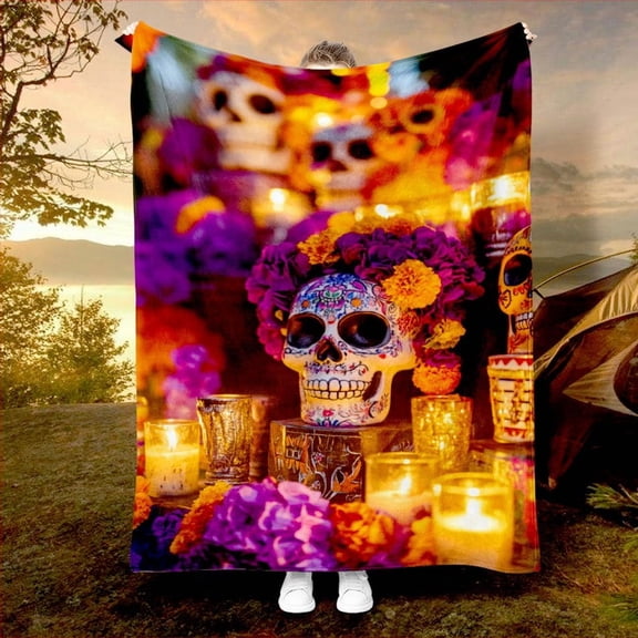 1pc Day of the Dead Skull, Mexican Dia de los Muertos, Horror Blanket, Dark Series Dia de los Muertos, Thriller Series, Pattern Elements, Popular Minimalist Design, Autumn Winter Home Essential, Must