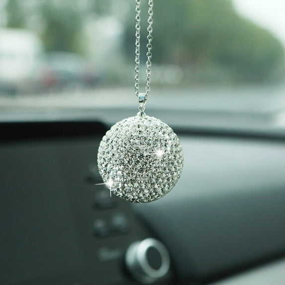 1pc Dazzing Car Rear View Mirror Charm,35mm Rhinestone Ball Bling Car Mirror Pendant,Hanging Rhinestone Car Ornament,Silver Bling Car Accessories for Women
