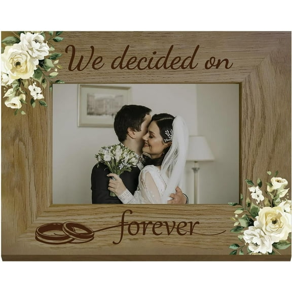 1pc We Decided on Forever Picture Frame Wooden oto Frames Display Flower Wedding Rings Engraved Wood Tabletop Postcard Frame for Hanging Wall Gallery Desk Decor Engagement Gifts 6x8 Inch