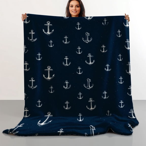 1pc Decorative Nautical Anchor Dots Print Flannel Throw – Soft Fabric for All Season Indoor and Outdoor Use