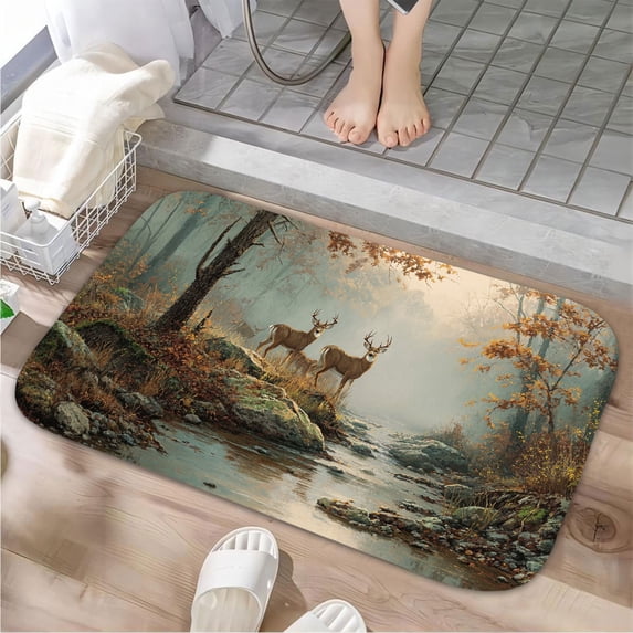 1pc Deer in Autumn Forest Stream Absorbent Non-Slip Bathroom Thickened Flannel Rug Decor,Soft,Quick Drying,Suitable For Indoor/outdoor Use,Bathrooms,Bedrooms,Kitchens,Terrace,Laundry Rooms,16"x24"