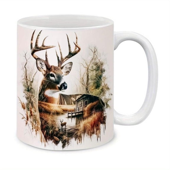 1pc Deer Cabin 11oz Ceramic Mug Nature Inspired Design with Deer Cabin Scene Office Home Parties Weddings and Gifts Office Drinkware Naturethemed Mug Artistic Mug Design Coffee Bar Accessories