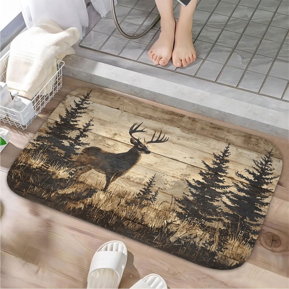 1pc Deer in Forest Scene Absorbent Non-Slip Bathroom Thickened Flannel Rug Decor,Soft,Quick Drying,Suitable For Indoor/outdoor Use,Bathrooms,Bedrooms,Kitchens,Terrace,Laundry Rooms,16"x24"