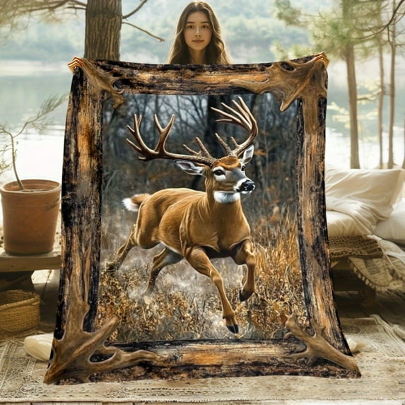 1pc Deer in Framed Forest Scene Blanket - Elegant Brown/Black/Beige/Gray/-Brown Deer Hunting Lodge Decor - Lightweight Flannel Throw for Couch, Bed, Camping, Office - All-Season Soft Warmth - Machine