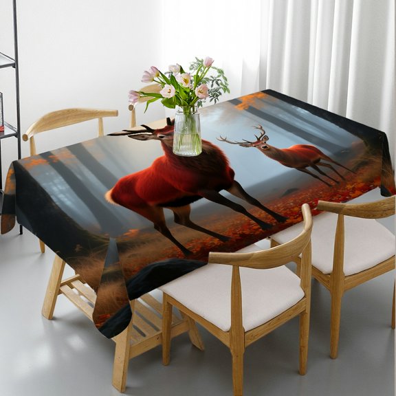 1pc Deer in Orange Maple Forest with Falling Leaf Print Rectangular Tablecloth, Festive Table Setting Machine-Made, Deer in Orange Maple Forest with Falling Leaf