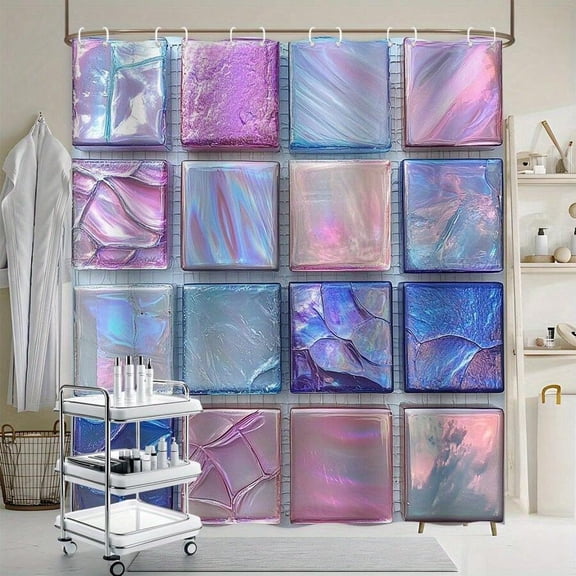 1pc Default Iridescent Abstract Mosaic Shower Curtain, Polyester Fabric, 70.8x70.8 Inches, Includes Hooks