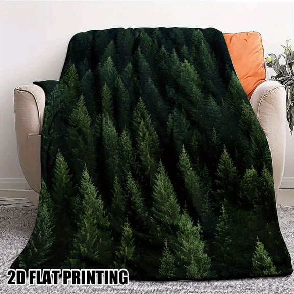 1pc Dense Evergreen Forest Canopy Print Flannel Blanket - Square Soft Bedspread Suitable for Adults, - Cozy Bed Covering for Home, Camping, Picnic & Travel - Forest Theme