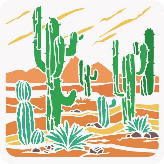 1pc Desert Cactus Stencil 12x12" Desert Landscape Pattern Drawing Templates for Scrapbooking Fabric Floor Furniture Wall Art Decor