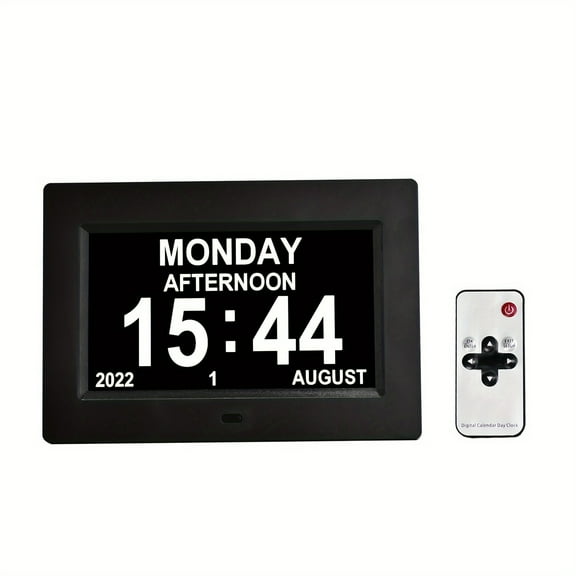 1pc Digital Calendar Day Alarm Clock, Photo Frame Media Player Auto Dimmable and Sun Moon Icons, 4 Alarm Options 7 Inch Large Analog Wall Clock with Remote Control for Elderly Dementia Alzheimers