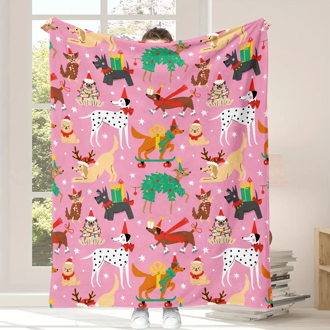 1pc Digital Print Flannel Fleece Blanket, Contemporary Christmas Dog Design, All-Season Reversible Throw, Machine Washable, Mixed Colors, Home & Kitchen Bedding