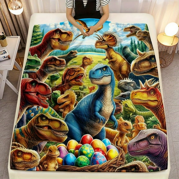 1pc Dinosaur Scene HD Print Flannel Throw Blanket - Lightweight, Soft & Warm Polyester Fabric, Ideal for Home, Office, Bed, Couch - Digital Printing with Vibrant Dinosaur & Egg Design, All-Season Use