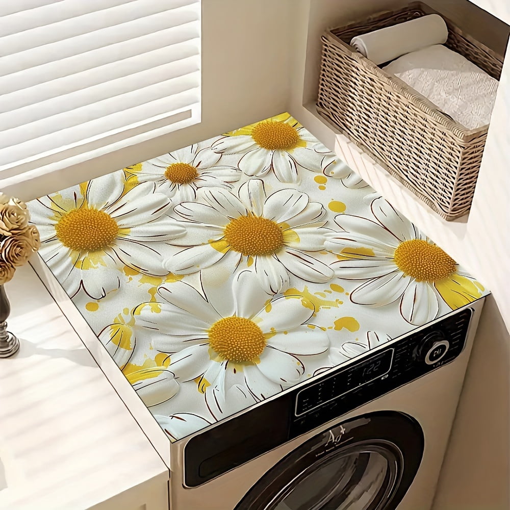 1pc, Dish Drying Pad, White Chrysanthemum Pattern Washing Machine Cover Mat, Countertop Absorbent Pad, Washstand Drain Mat, Soft Faucet Absorbent Mat, Kitchen Accessories, Bathroom Accessories