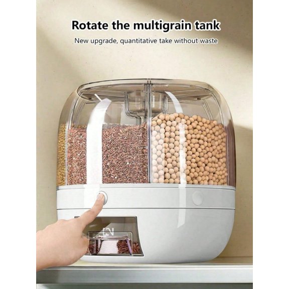 1pc Divided Rice Bucket Rotating Grain Storage Bin 6 Grids Rice Container One-Click Output Large Capacity Food Dispenser For Rice Grains Or Pet Food Sealed Moisture Proof Organizer