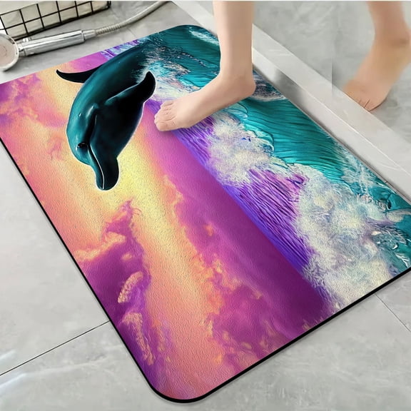 1pc Dolphin Ocean Sunrise Leap Bathroom Rug Bathroom Decor and Accessories- Durable,Anti Slip,And Quick Drying,Suitable For Indoor/outdoor Use - Perfect For Bathrooms,Bedrooms,Kitchens