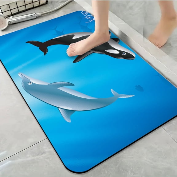 1pc Dolphin and Orca in Ocean Bathroom Rug Bathroom Decor and Accessories- Durable,Anti Slip,And Quick Drying,Suitable For Bathrooms,Bedrooms,Kitchens,And Laundry Rooms - Washable Bathroom Mat