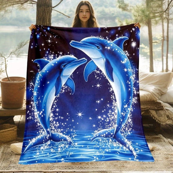 1pc Dolphins Leaping in Starry Ocean printing Blanket - Lightweight Flannel All-Season Soft & Warm, Contemporary Design for Sofa Bed Travel Camping Living Room Office, Dolphin Home Decor