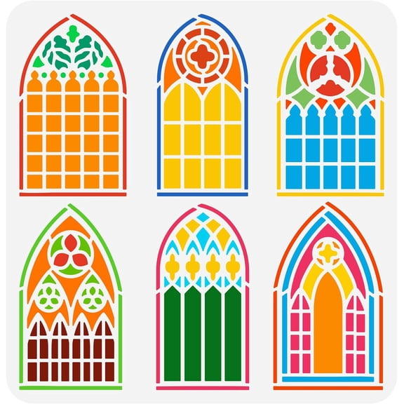 1pc Doors and Windows Stencil 11.8x11.8 inch Vintage Arch Stencil Plastic 6 Styles Door Window Patterns Stencil Reusable Create DIY Crafts and Decor for Painting on Wood Fabric Walls