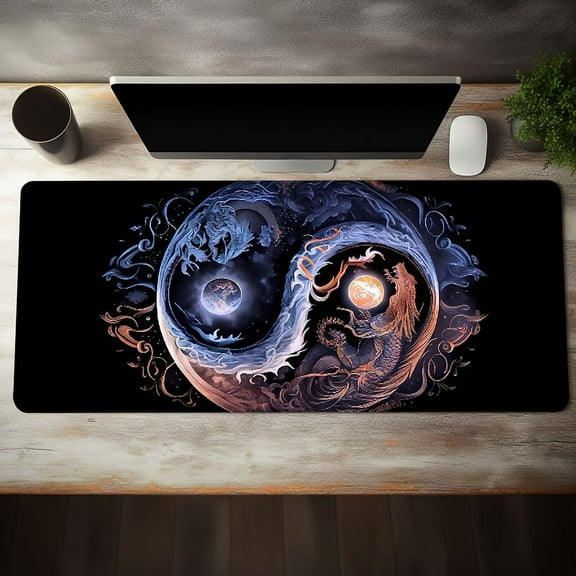 1pc Double Dragon Yin & Yang Mouse Pad XXL Black Mouse Pad, Long Non-slip Waterproof Mouse Pad, Office Game Table Mat
