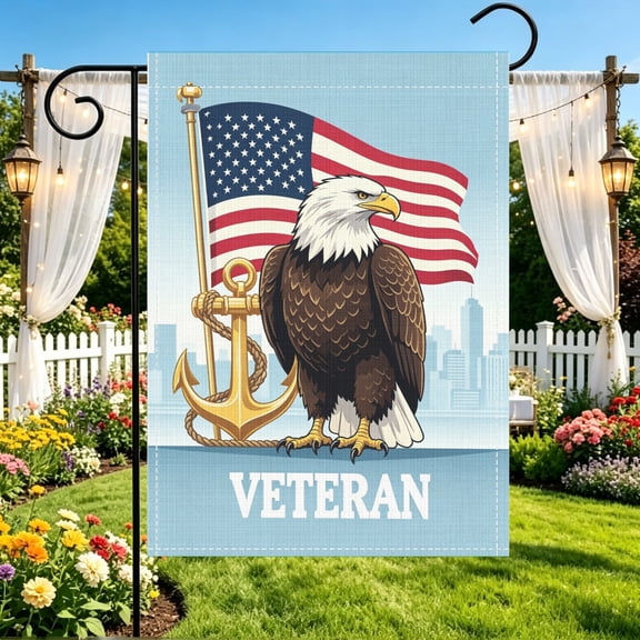 1pc Double Sided Garden Flag 12x18 Inch, Red VETERAN Letter with Bald Eagle & Crossed Arms, 2D Printed Patriotic Outdoor Yard Decor for Veterans Day, No Flagpole Included