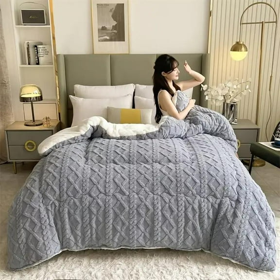 1pc Double-Sided Plush Fleece & Sheepskin Comforter - Warm, Soft, Skin-Friendly Winter Bedding with Geometric Pattern, Dry Clean Only, Deep Blue, Ideal for Cold Weather Coziness
