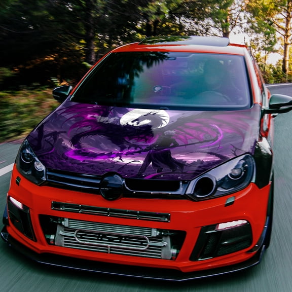 1pc Dragon& Dark Magic Car Hood Wrap- Gothic Purple Dragon Design with Glowing Eyes, Self-Adhesive PVC Vinyl Sticker for Cars, Motorcycles, SUVs, Trucks- Easy Application& Removal, Ideal Gift for Ani