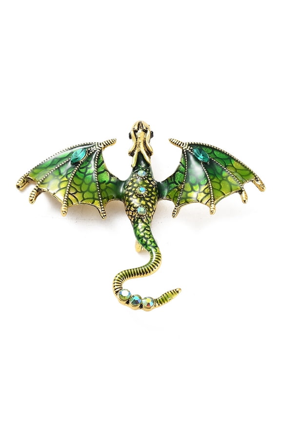 1pc Dragon Enamel Pins Golden Plated Alloy Rhinestone Brooch for Unisex Green 61x71x11mm