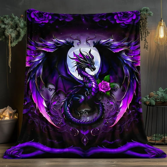 1pc Dragon Print Flannel Blanket - Dark Purple & Black Dragon Scales, Bedspread with White Rose & Chinese Dragon Motif