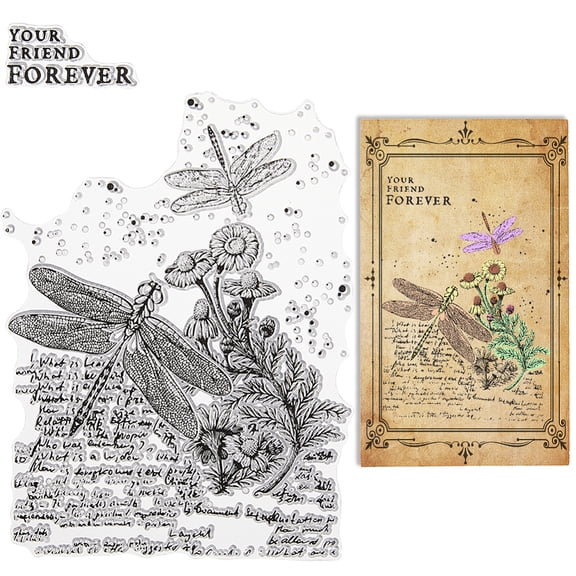 1pc Dragonfly Clear Rubber Stamp Your Friend Forever Words Flowers Vintage Transparent Silicone Seals Stamp Retro for Journaling Card Making DIY Scrapbooking Handmade Photo Album Notebook Decor