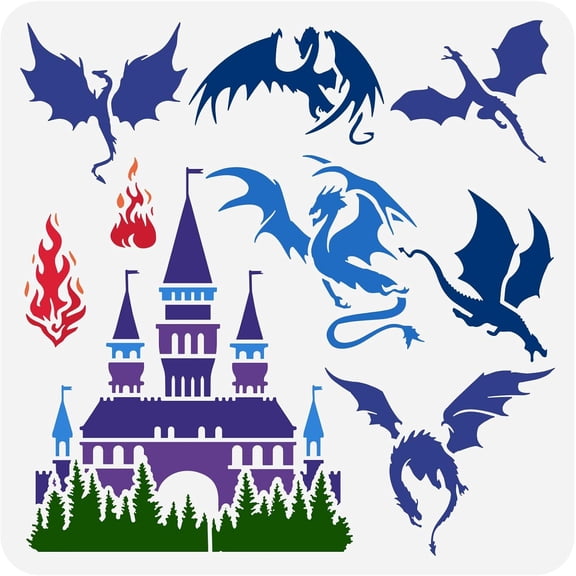 1pc Dragons Castle Painting Stencil - 11.8x11.8 inch Plastic Western Dragon Fire Castle Patterns Template for DIY Art and Craft Home Wall Decor