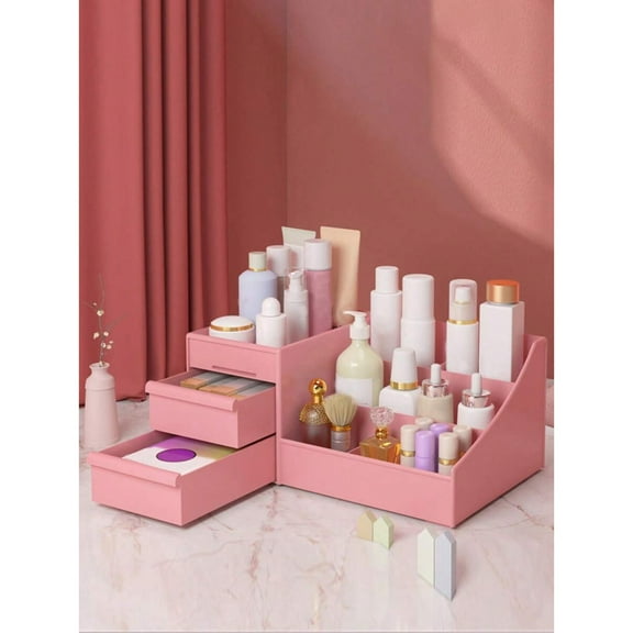 1pc Drawer Organizer Box For Files, Stationeries, Makeups, Lipsticks, Brushes, Lotions, Eye Shadows, Nail Polishes And Jewelries, For Desk, Bathroom, Vanity, Gift For Valentine's Day,Pink
