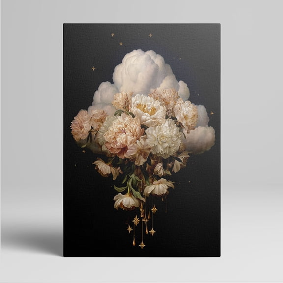 1pc Dreamy Cloud with Blush and White Peonies and Golden Stars Framed Decor room hanging Wall Picture Decor for Home Gifts, living room, bathroom, bedroom, kitchen wall art decor canvas wall art