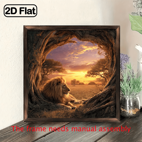 1pc Dreamy Majestic Lion Sunset Framed Art Print - Rustic Farmhouse Wooden Wall Decor with Serene Sunset Scene, 8x8 Inch Ready-to-Hang Nature-Inspired Home Decor for Living Room, Bedroom.