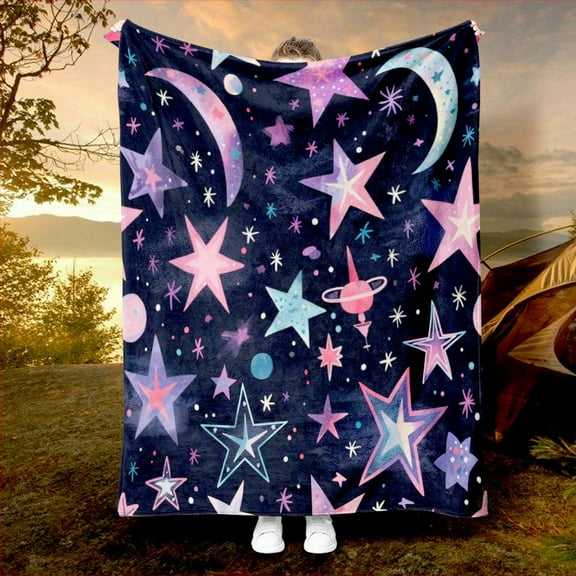 1pc Dreamy Starry Sky, Stars, Moon and Nighttime Celestial Blanket with Print for Men & Stargazers – Soft Warm Flannel Throw Perfect as a Nap/Sofa/Office Bed Camping Travel Multifunctional Gift (All