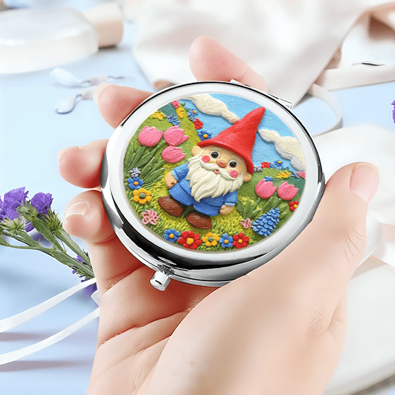 1pc Dual Round Flip Cover Compact Mirror with Sparkle Garden Gnome Floral Design - Portable Pocket-Sized Cosmetic Mirror, No Battery Needed, Durable Glass Surface for Daily Use, Compact Mirror