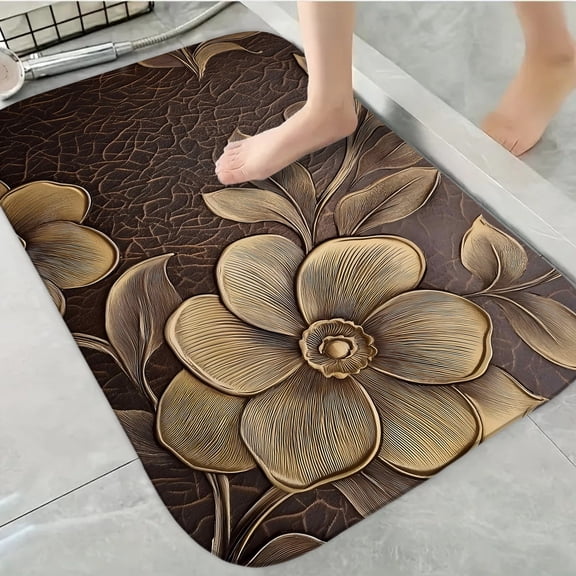1pc Durable Decorative Bathroom Anti-Slip Carpet, Embossed Floral Design Thickened Flannel Mat Decor, Machine Washable, Suitable for Bathroom, Bedroom, Living Room, Kitchens Entrance,16x24 inches