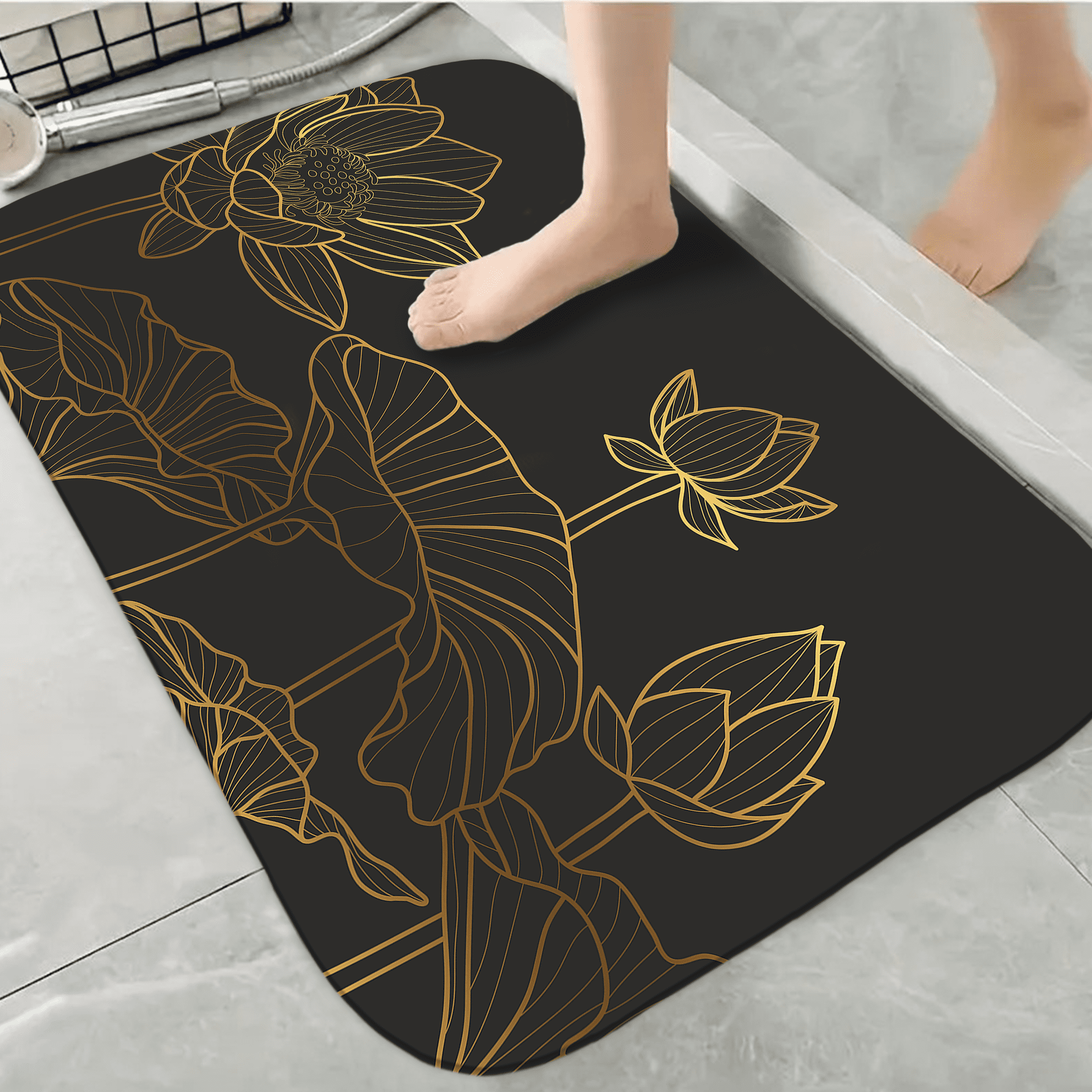 1pc Durable Decorative Bathroom Anti-Slip Carpet, Golden Lotus Pattern ...
