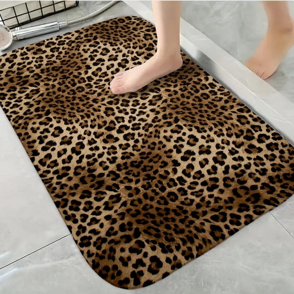 1pc Durable Decorative Bathroom Anti-Slip Carpet, Leopard Fur Thickened Flannel Mat Decor, Machine Washable, Suitable for Bathroom, Bedroom, Living Room, Kitchens Entrance,16x24 inches