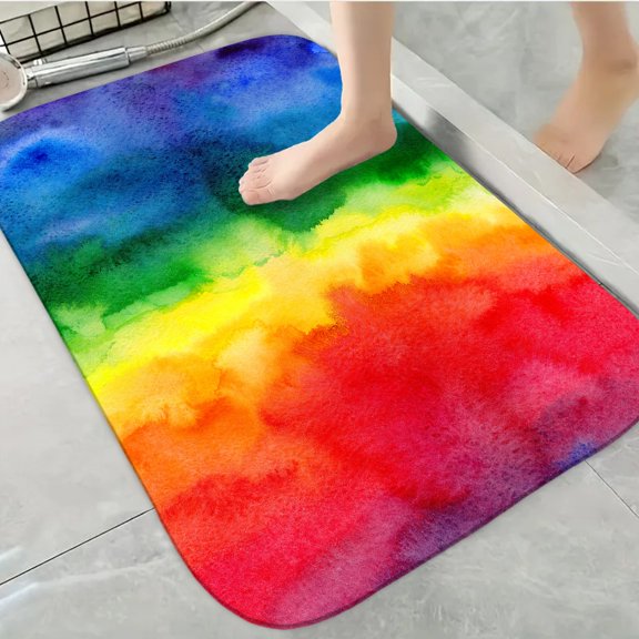 1pc Durable Decorative Bathroom Anti-Slip Carpet, Watercolor Rainbow Thickened Flannel Mat Decor, Machine Washable, Suitable for Bathroom, Bedroom, Living Room, Kitchens Entrance,16x24 inches