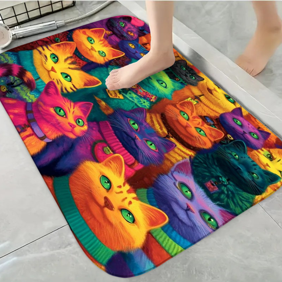 1pc Durable Decorative Bathroom Anti-Slip Foam Carpet, Colorful Cats Thickened Flannel Mat Decor, Machine Washable, Suitable for Bathroom, Bedroom, Living Room, Kitchens Entrance,16x24 inches
