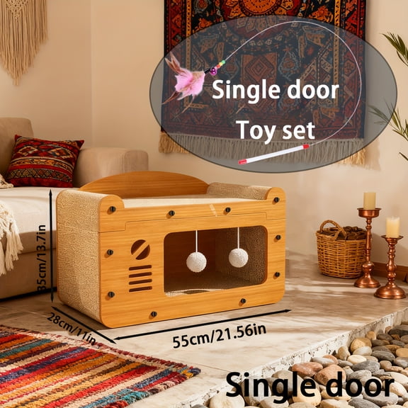 1pc Durable Scratching Board for Cats Includes a Feather Cat Wand Toy, Versatile Cardboard Cat House and Bed for Scratching, Hiding, Resting, Up to 25 lbs, TV Shape Cat House, Cat Toys, Cat Scratcher