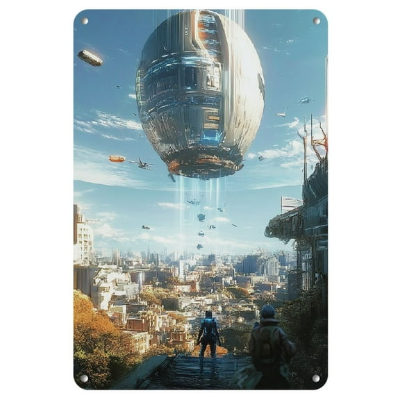 1pc Dynamic Sci-Fi Iron Art Print - Frameless 8x12 Inch, Futuristic Cityscape with Helicopters and Beam Weapon, Vibrant Comic Book Style Wall Decor, Metal Wall Art Decor, 2D, Perfect for Room Decor