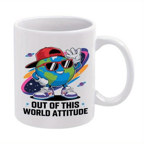 1pc Earth Themed 11oz Ceramic Coffee Mug Colorful Planet Design with Out of This World Attitude Text Hot Cold Drinks Ideal Christmas or New Year Coffee Bar Accessories