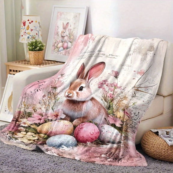 1pc Easter Bunny Floral Eggs Print Flannel Blanket - Soft Warm Quilted Throw for Home Decor, Camping, Travel - Pastel Spring Design Holiday Gift for Family Friends
