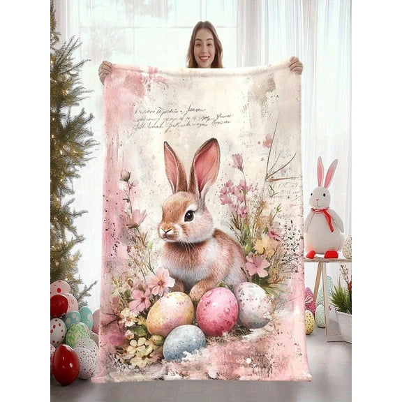 1pc Easter Bunny Floral Eggs Print Flannel Blanket - Soft Warm Quilted Throw For Home Decor, Camping, Travel - Pastel Spring Design Holiday Gift For Family Friends.