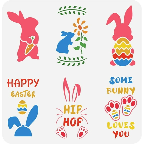 Easter Bunny Tag Stencil 11.8x11.8inch Easter Rabbit Egg Flower Stencil Reusable Happy Easter Day Decoration Stencil for Painting on Wall Wood Furniture Fabric and Paper