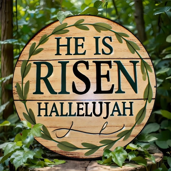 1pc Easter Funny Sign, "He Is Risen Hallelujah" Round Aluminum Wall Plaque, 8" Rustic Farmhouse Decor with Olive Branch Laurel Wreath Design, Holiday Decor for Home, Cafe, Garage, Cafe Decor, 2D