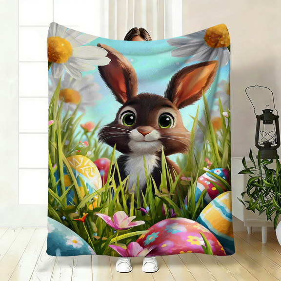 1pc Easter Rabbit Eggs HD Printed Blanket. Soft and Warm Flannel Blankets for Travel, Camping, Sofa, Livingroom, Couch, Chair, Bed. Gift for Family or Friends 280GSM 3 Sizes Available