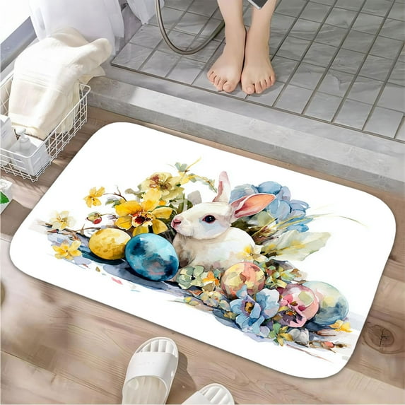 1pc Easter Rabbit with Flowers Absorbent Non-Slip Bathroom Thickened Flannel Rug Decor,Soft,Quick Drying,Suitable For Indoor/outdoor Use,Bathrooms,Bedrooms,Kitchens,Terrace,Laundry Rooms,16"x24"
