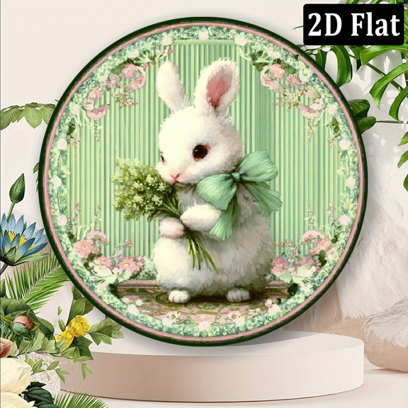 1pc Easter Wall Decor - Rustic Round Sign with Charming Rabbit, Floral Bouquet Green Bow, Pastel Spring Colors, Durable Metal Plaque for Farmhouse.8x8inch